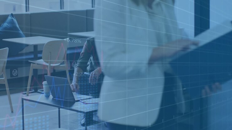 finanzielle datenverarbeitungs-animation über geschäftstreffen in einem modernen büro