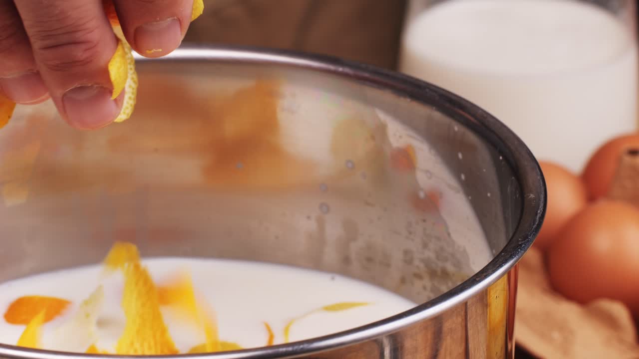 Chef Cooking Spanish traditional food, catalonian dessert, crema catalana, catalan cream, spanish dessert close up, cooking.