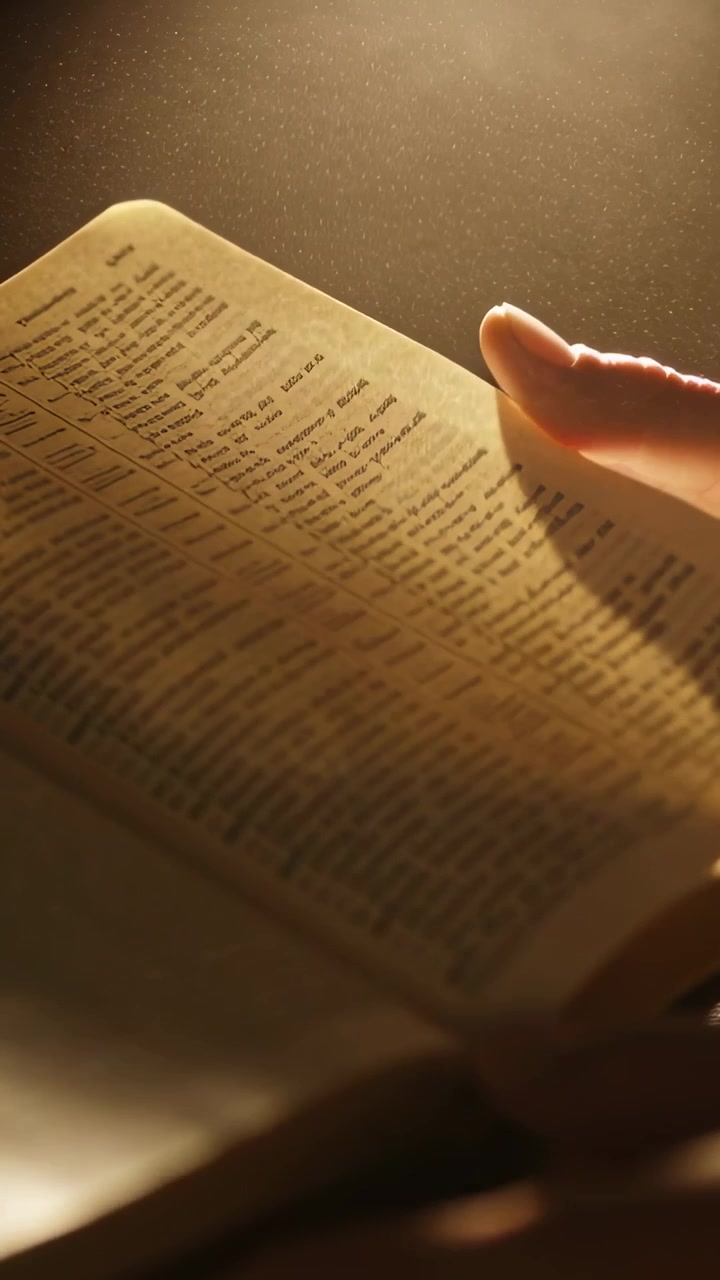 Video verticale: Luce che solleva la polvere, mani che girano le pagine di un libro a casa con il pollice, per leggere con una linguetta.