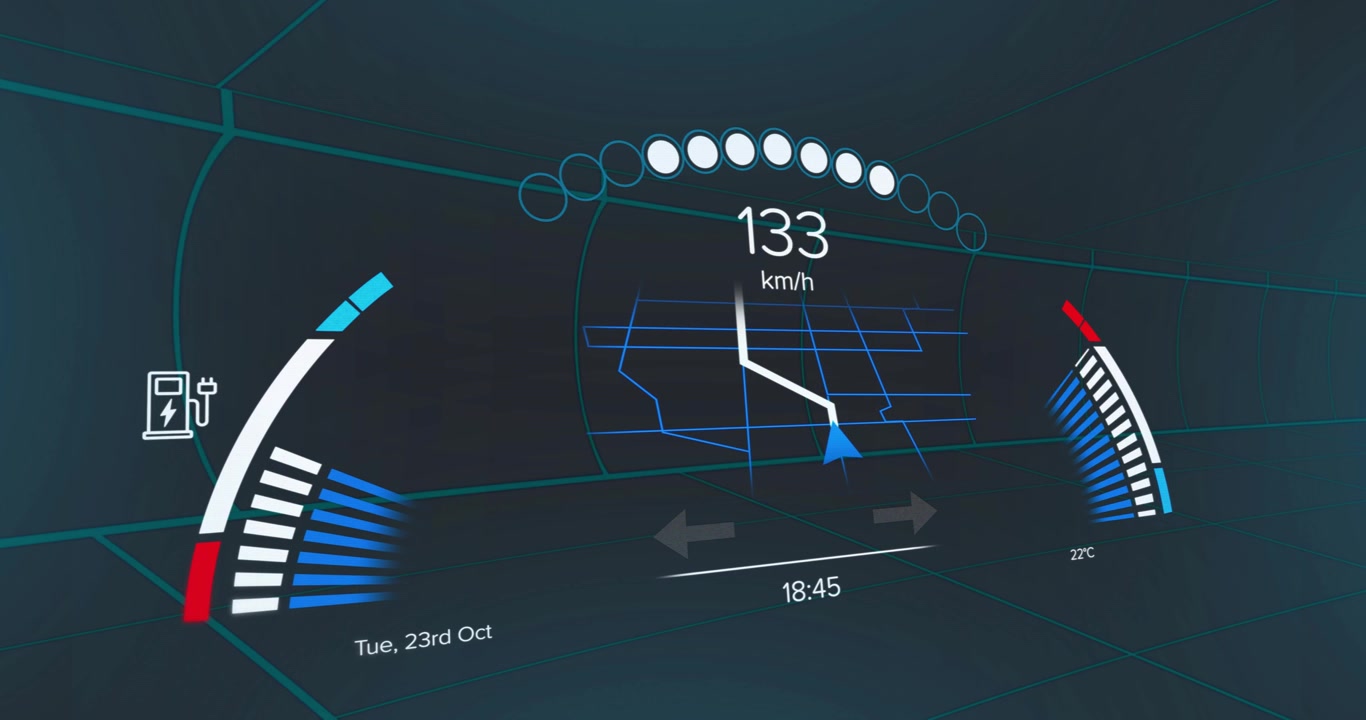 Digital dashboard projecting holographic speedometer, navigation map, battery and climate gauges