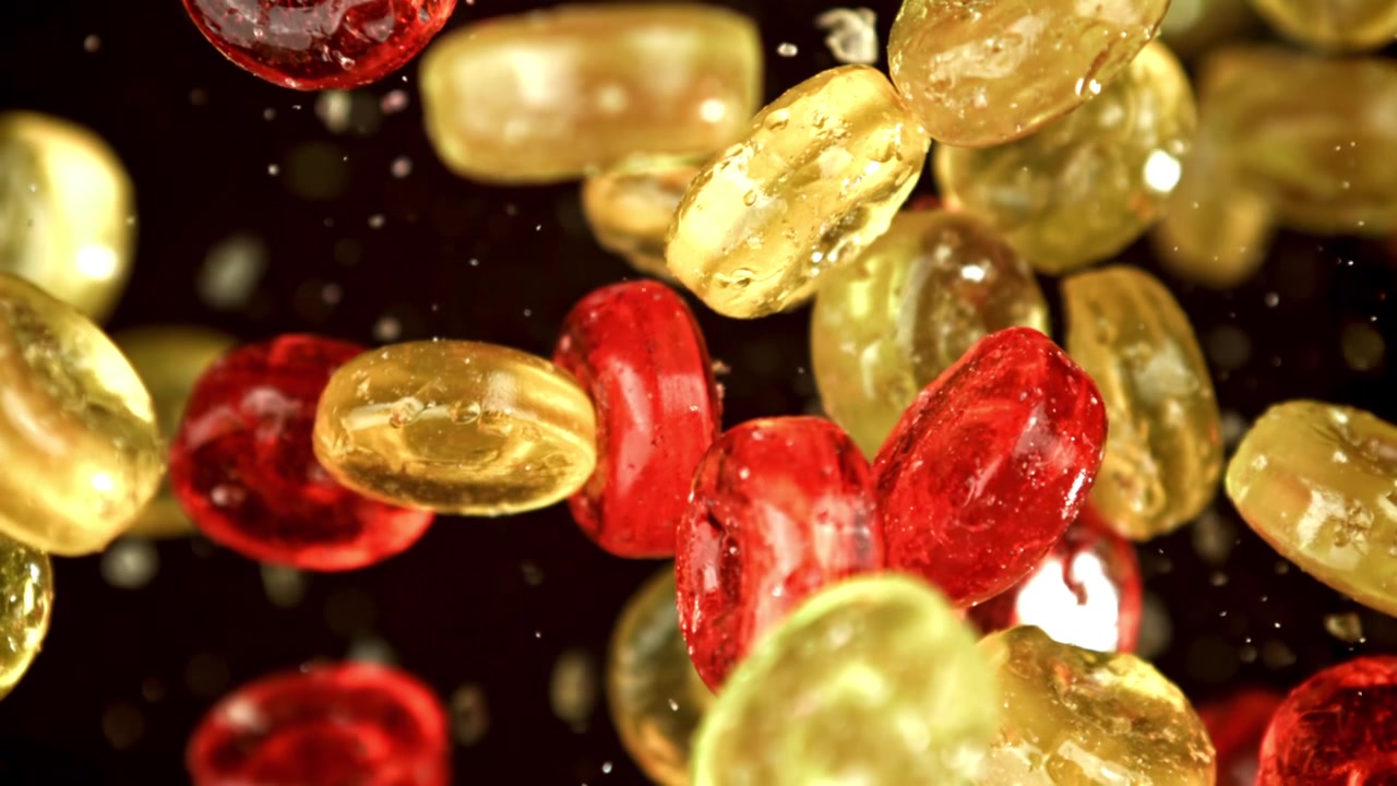 Rote und gelbe Bonbons schweben in Zeitlupe
