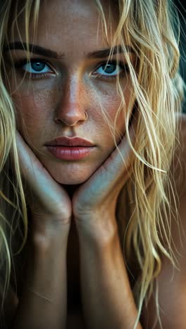 portrait of a thoughtful woman with wet hair and piercing blue eyes