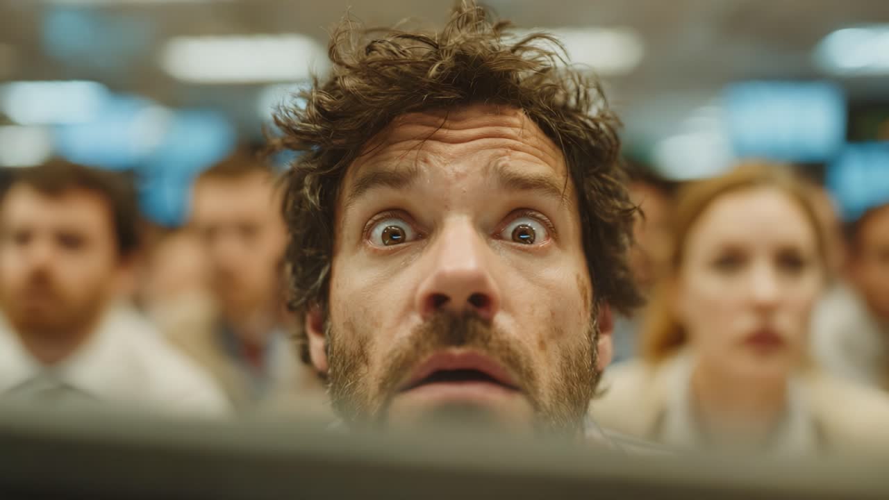 A group of office workers experiences shock and intensity while watching a crucial event unfold on their screens, showcasing a mix of concern and disbelief in their expressions