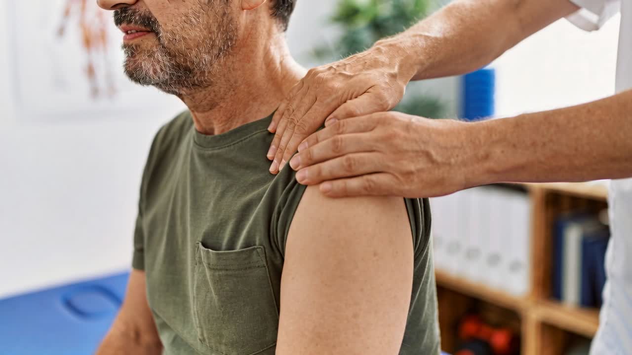 Älterer männlicher Patient sitzt in der Klinik, Kliniker hebt Ärmel an und tastet die Schulter für die Therapie ab.
