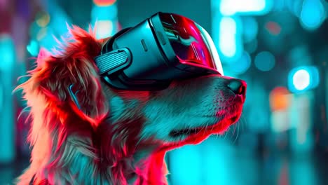 a dog wearing a virtual reality headset in the middle of a city