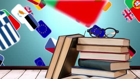 libros escolares y gafas con banderas europeas en 3d en el fondo