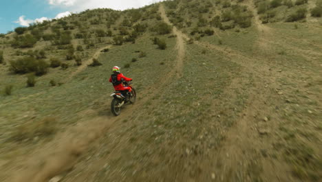 persona en rojo monta motocicleta a lo largo de colinas boscosas fpv. corredor intrépido en casco conduce el vehículo al pico de la montaña en carreras de motocross. deporte extremo en las tierras altas