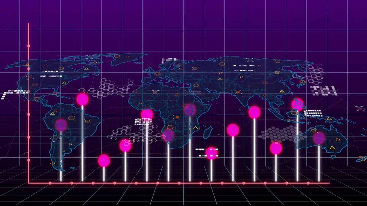 All'avvio, barre che appaiono, mappa che svanisce, schemi che emergono e marcatori che pulsano, visualizzando dati in dissolvenza.