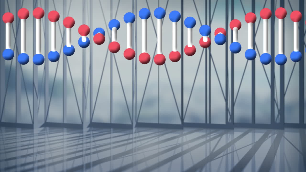 animación de la cadena de adn que gira sobre el edificio moderno y el paisaje urbano