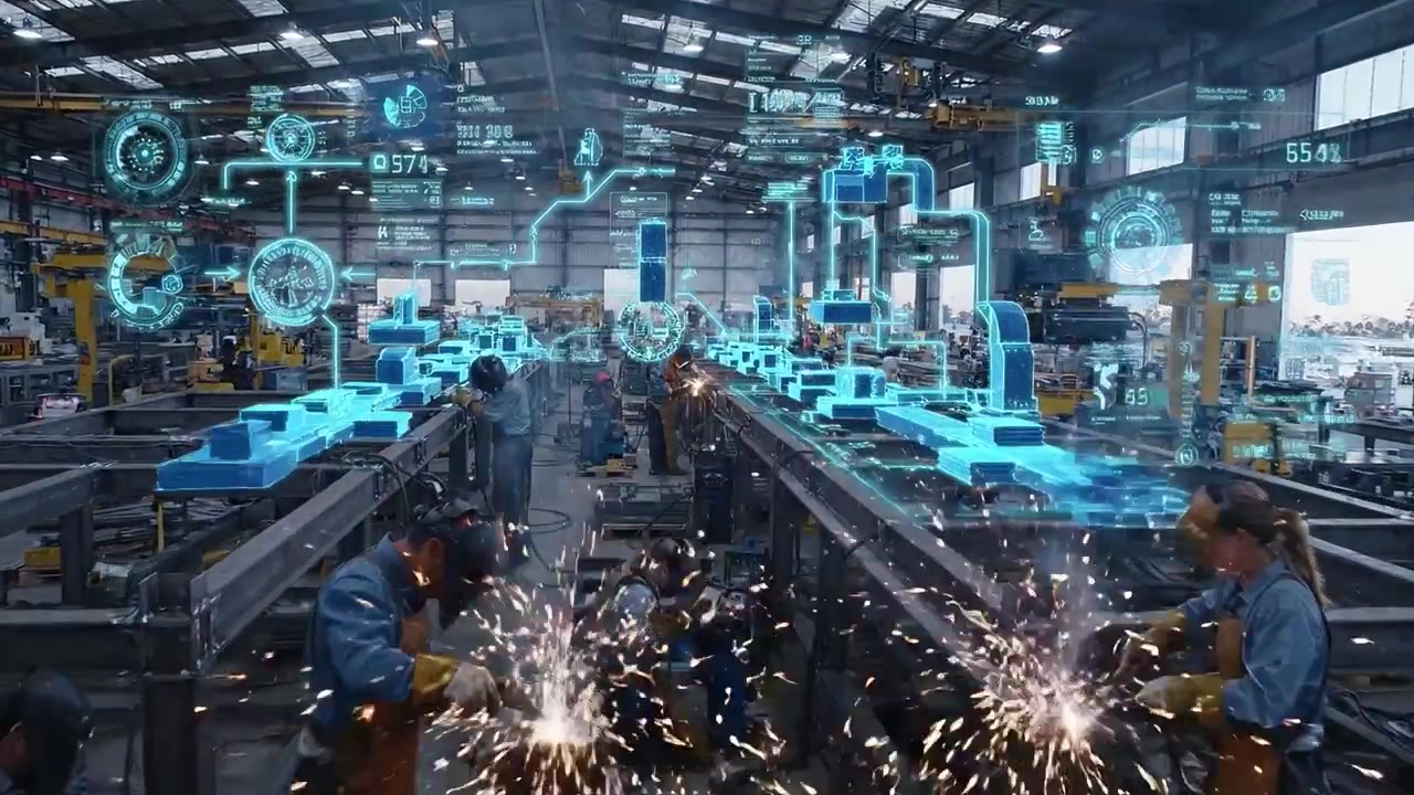 Industrial Workers Welding in a Factory with Futuristic Digital Interface