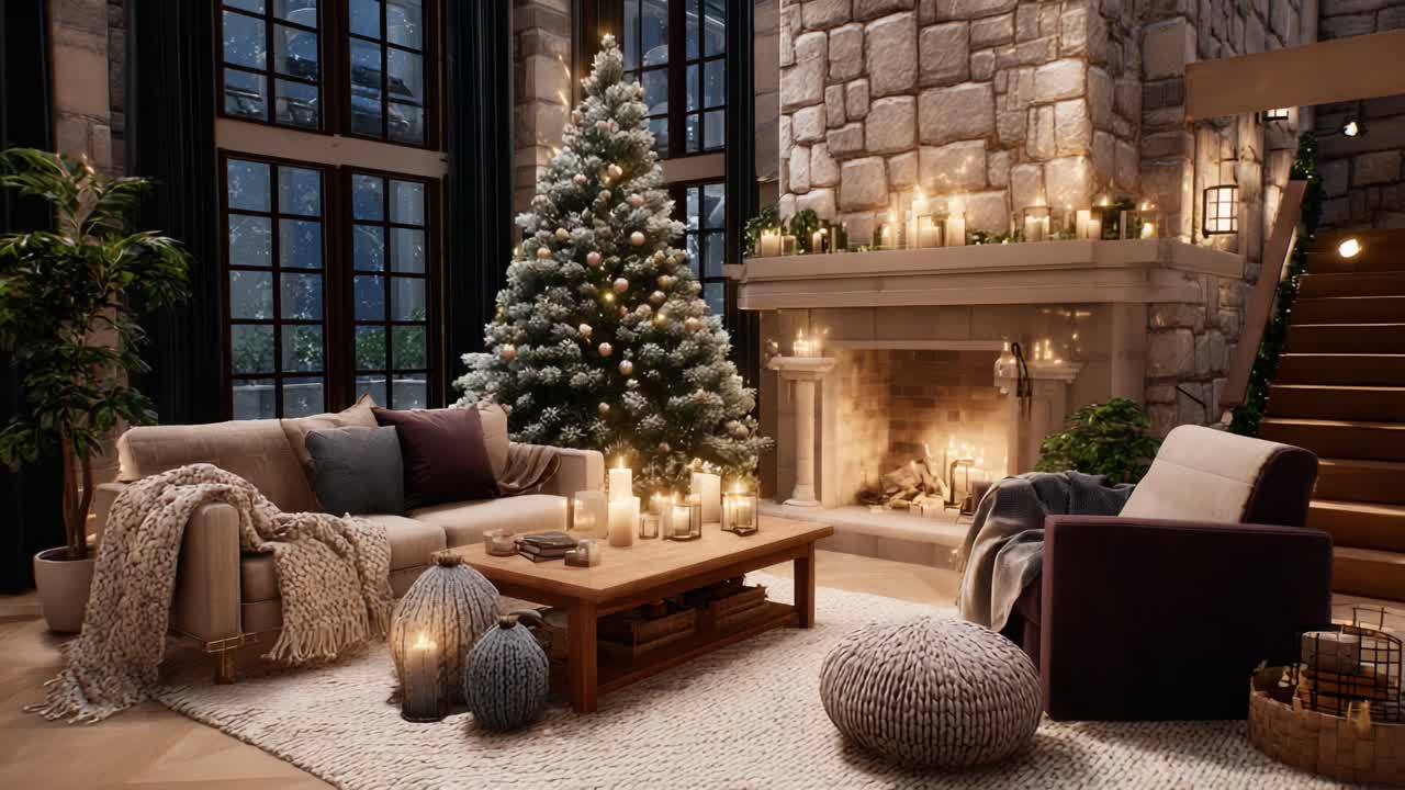 Beautiful Cozy Living Room with Christmas Tree and Fireplace, Adorned with Lights and Decor, Perfect for Holiday Gatherings and Winter Relaxation Atmosphere
