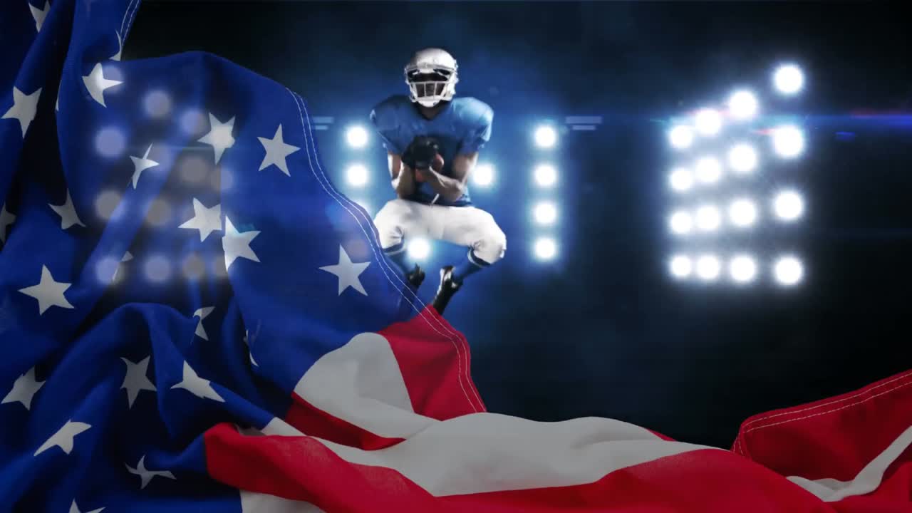 스타디움에서 공을 잡는 미국 럭비 선수의 디지털 애니메이션 4k