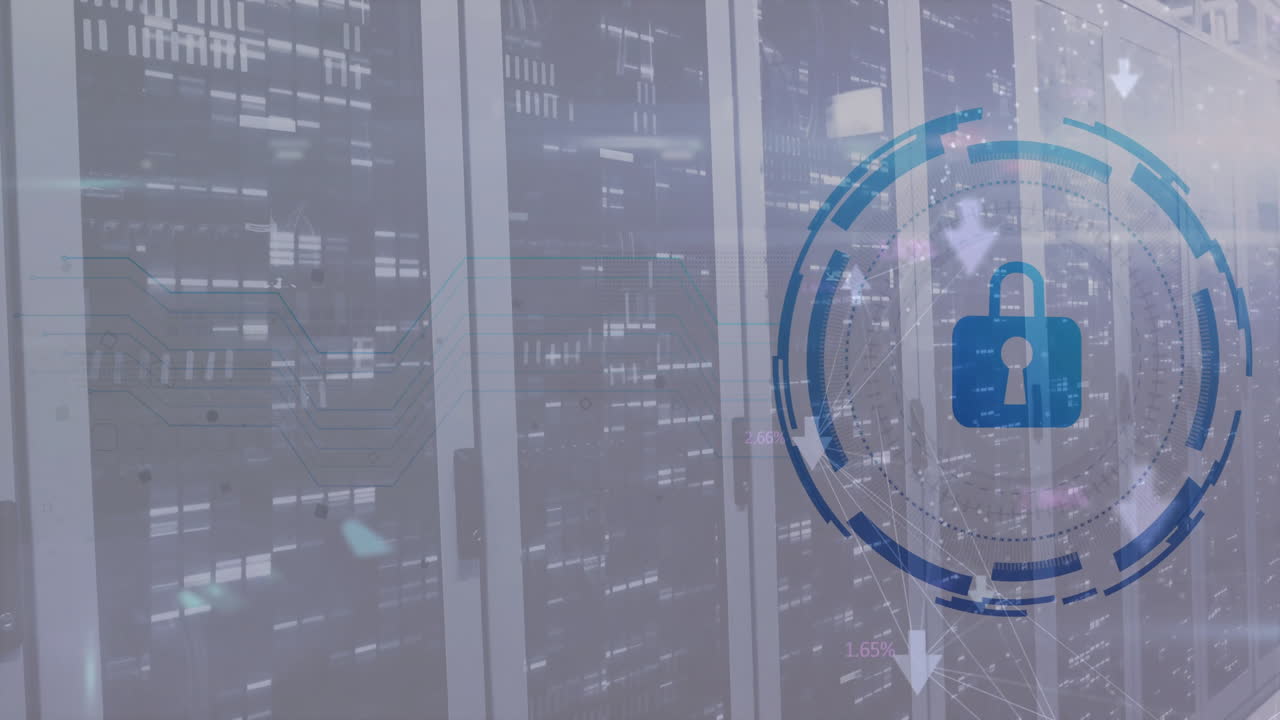 animación de escaneo de alcance con icono de candado sobre la sala del servidor