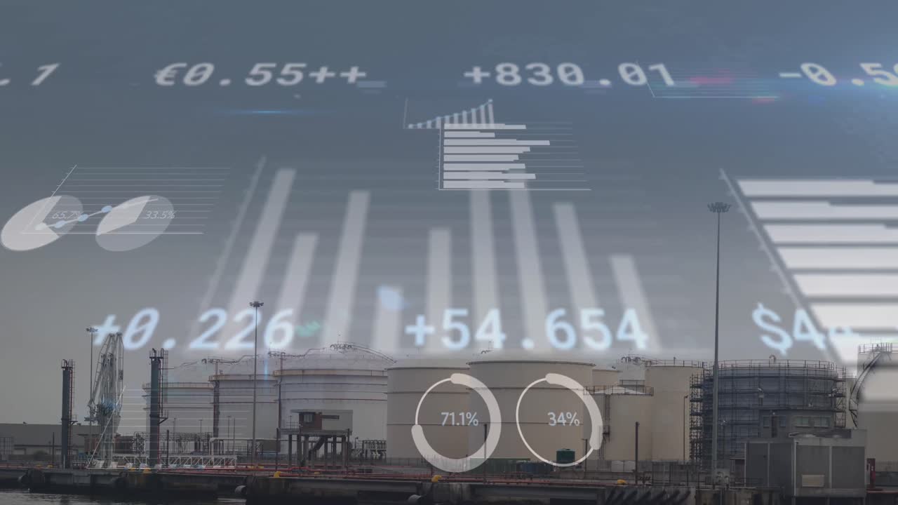 Animation der Finanzdatenverarbeitung über einer Fabrik.