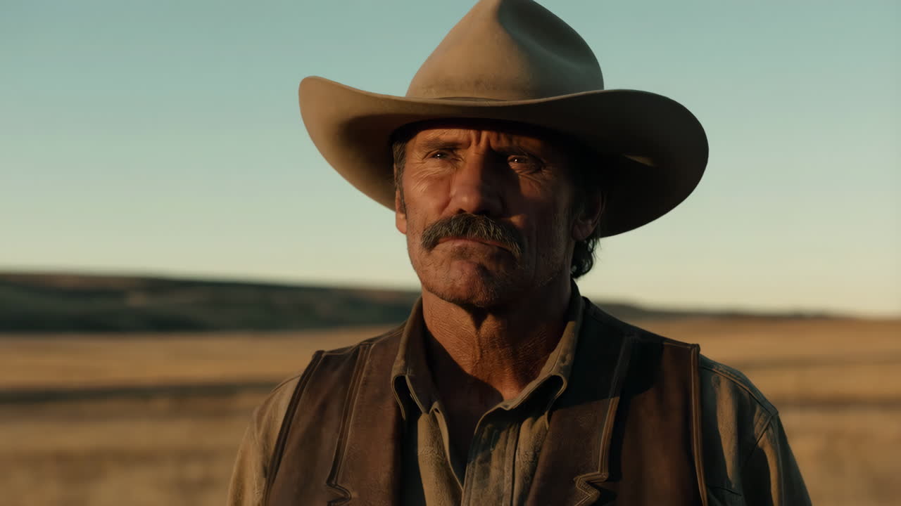 Portrait of a Cowboy in a Prairie Landscape at Sunset