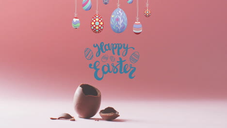 animation of happy easter text over colourful easter eggs on pink background