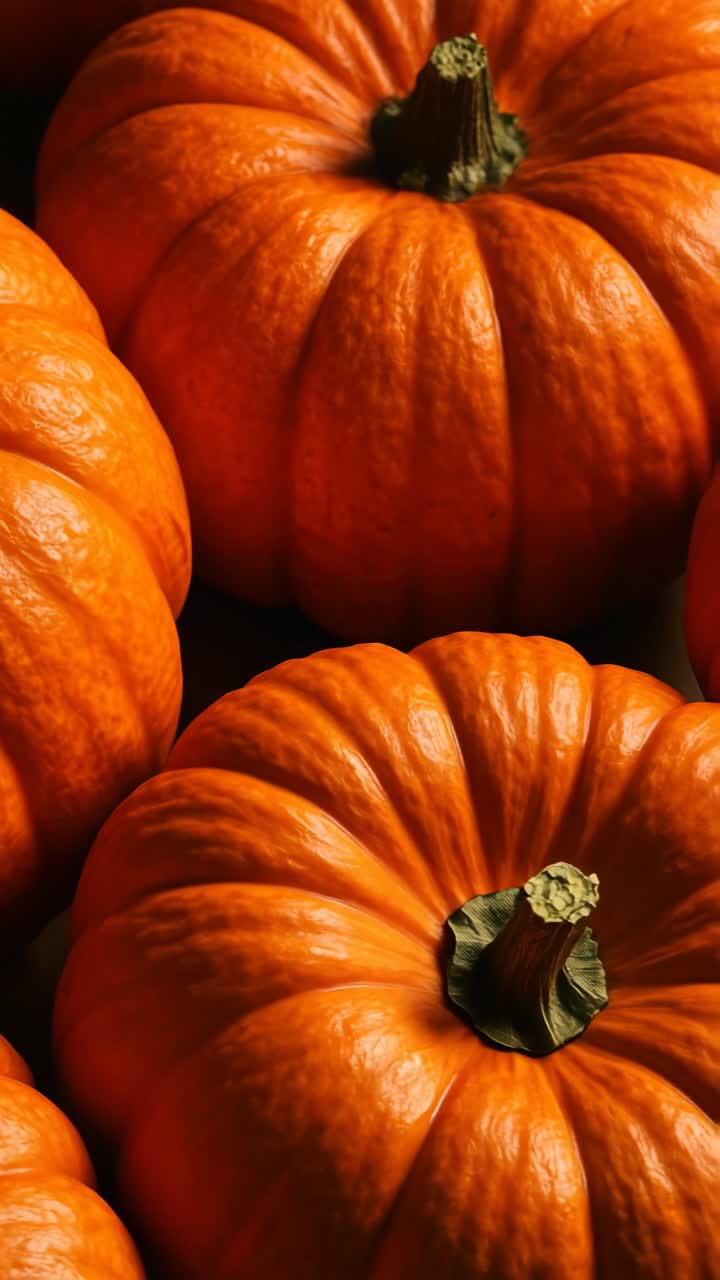 Close-up, top-down view of vibrant orange pumpkins, showcasing texture and detail