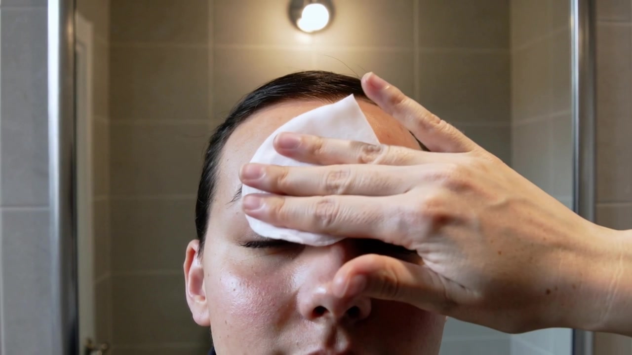 Entering right, hand applying pad, wiping Asian woman's brow and eyelid in bathroom for cleansing