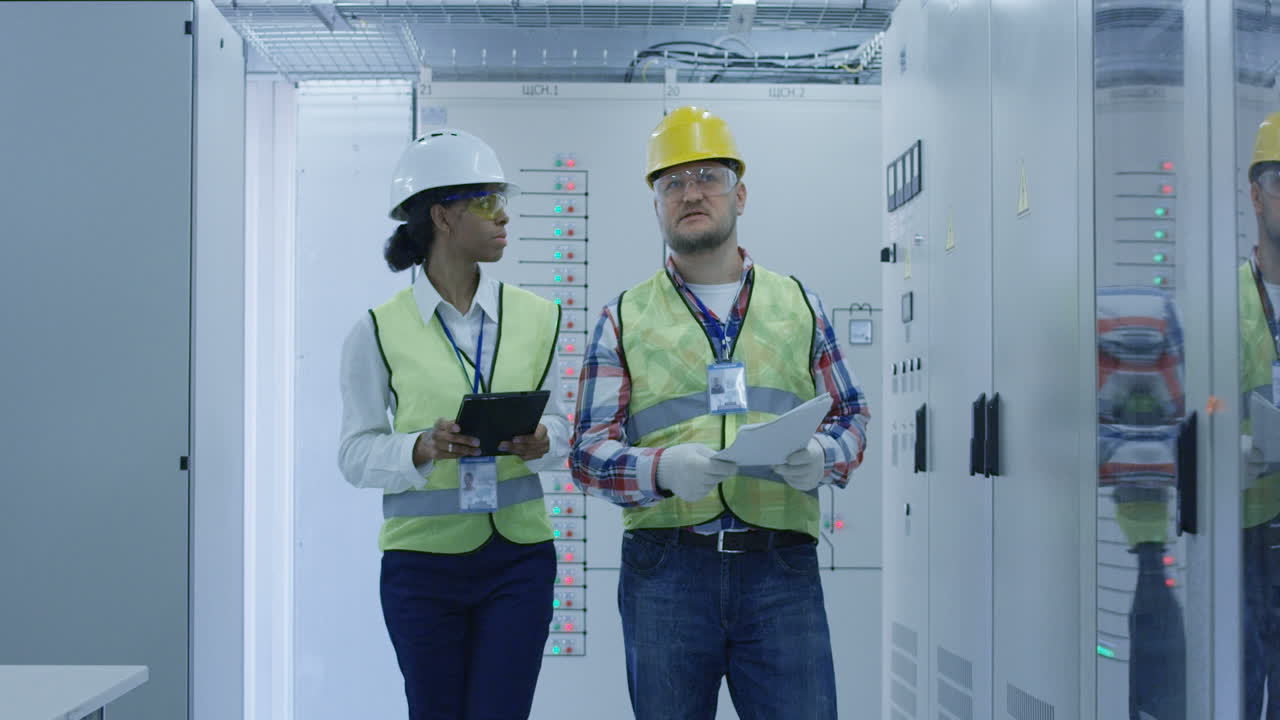 Electrical Engineers Inspecting Equipment in a Control Room