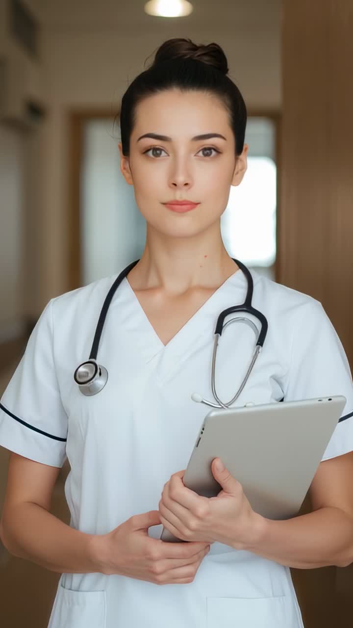 Vertical video: Opening frame displaying nurse holding tablet, focusing in hospital corridor