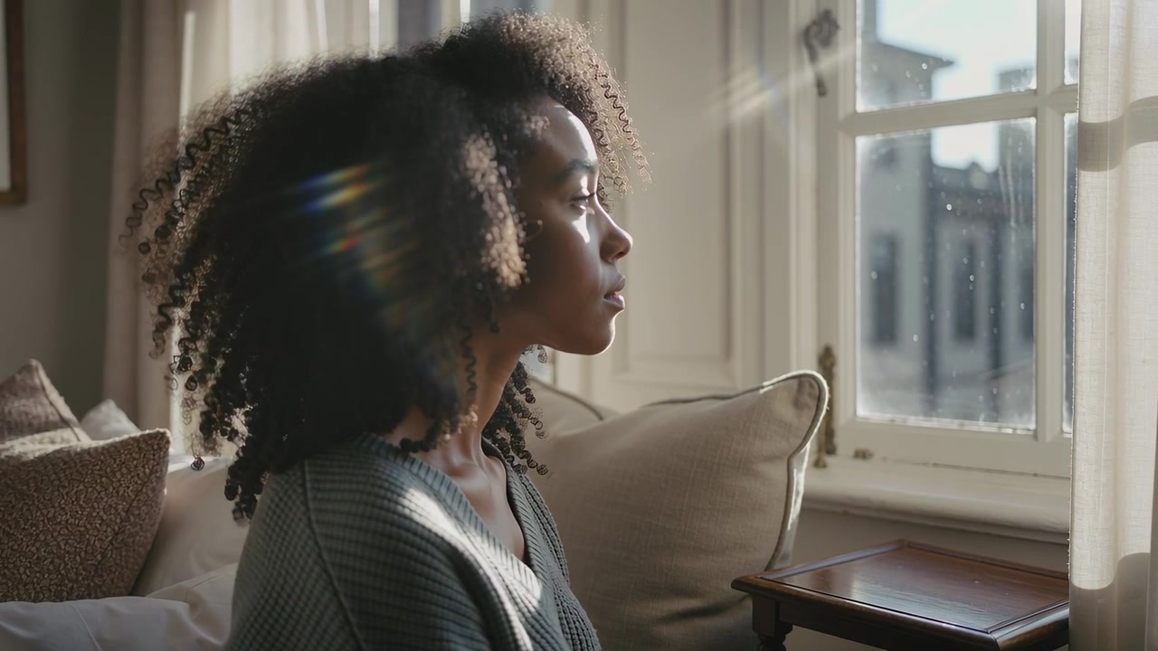 Turning woman facing window in bedroom as sunlight intensifying, knit sweater catching lens flare