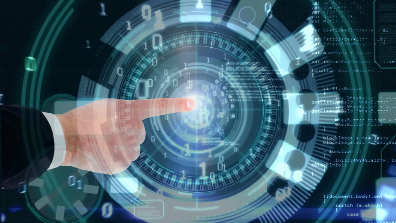 미래의 디지털 인터페이스를 가리키며, 가상 데이터와 상호 작용하는 손