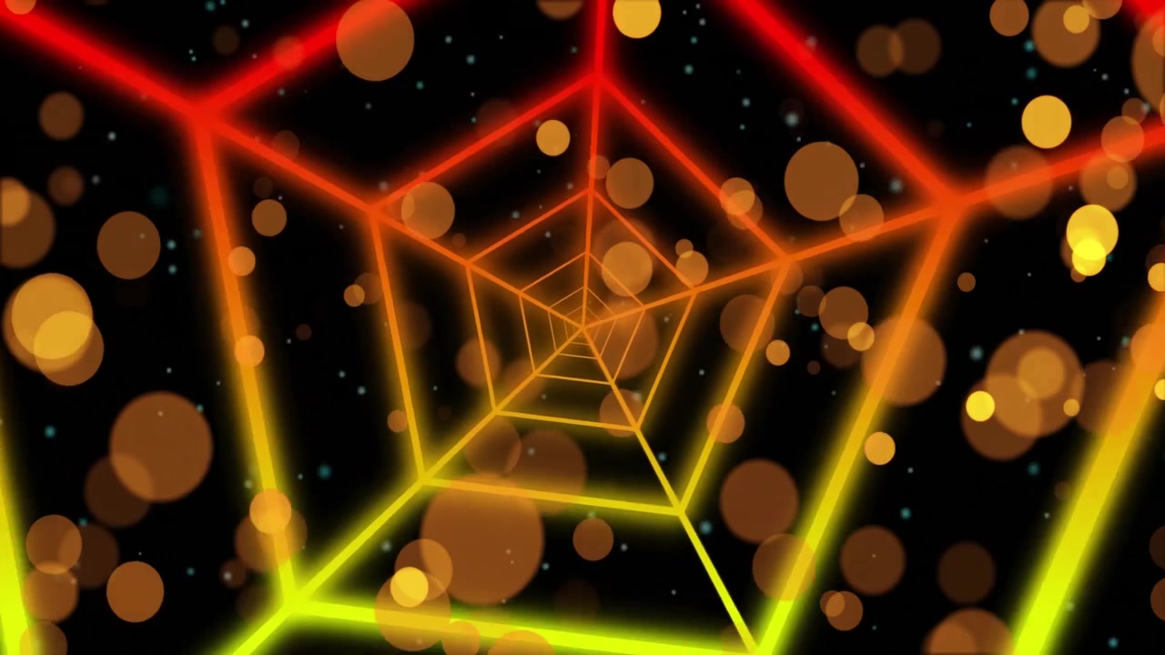 Un wireframe di un pentagono luminoso che appare innesca l'avanzamento della telecamera, immergendo lo spettatore tra sfere e punti.