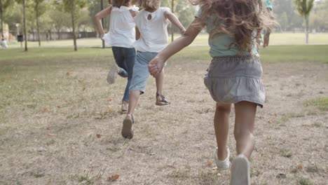 Rückansicht-Von-Kindern,-Die-Im-Park-Laufen-Und-Mit-Der-Geschwindigkeit-Konkurrieren