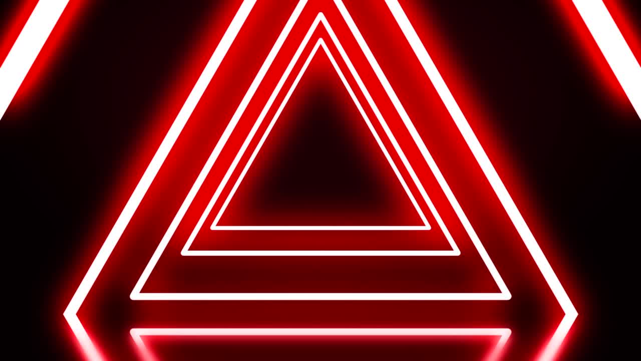 triángulos láser de color neón brillante que hacen zoom más allá de la cámara. increíble túnel