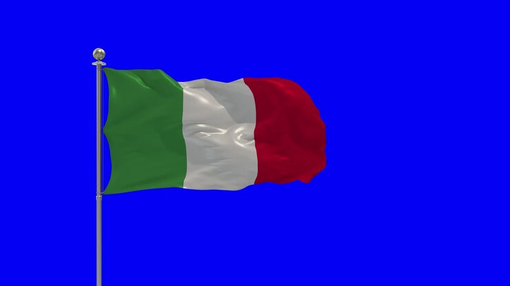 Italia, illustrazione 3D della bandiera che sventola su un'asta con Chroma Key