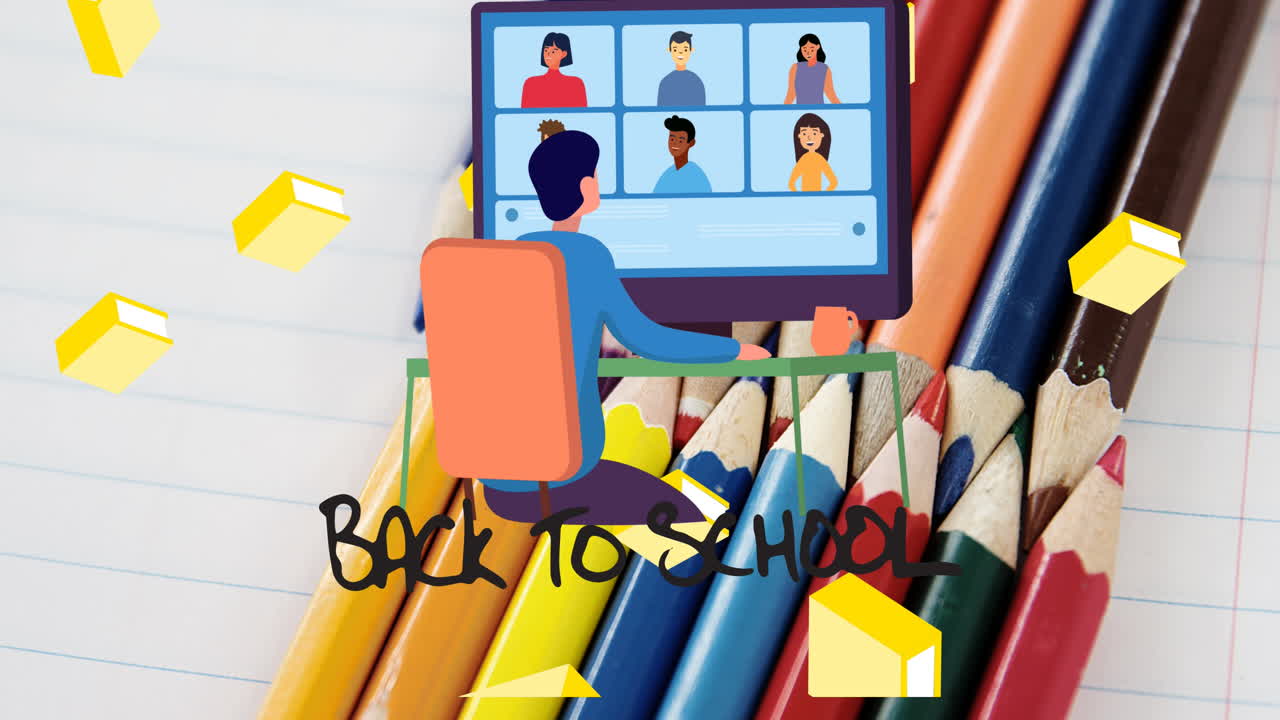 Animation of back to school text with schoolboy using computer over coloured pencils on notebook