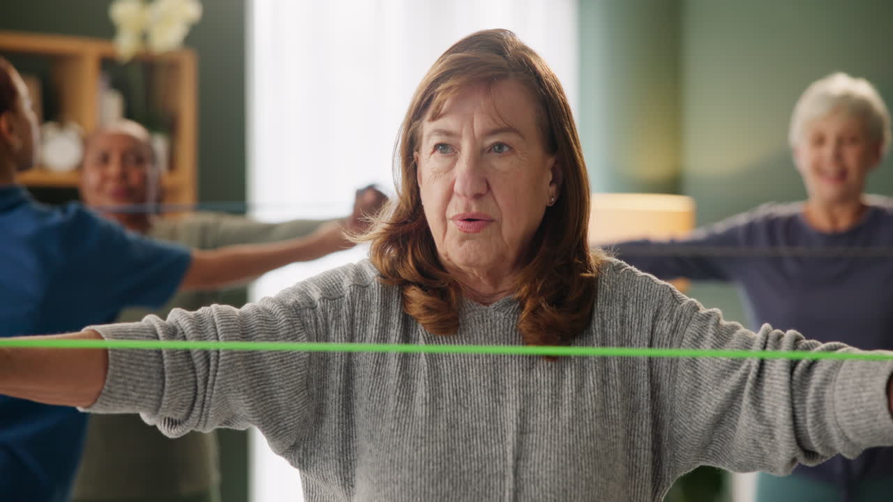 Senior women exercising with resistance bands in a fitness class