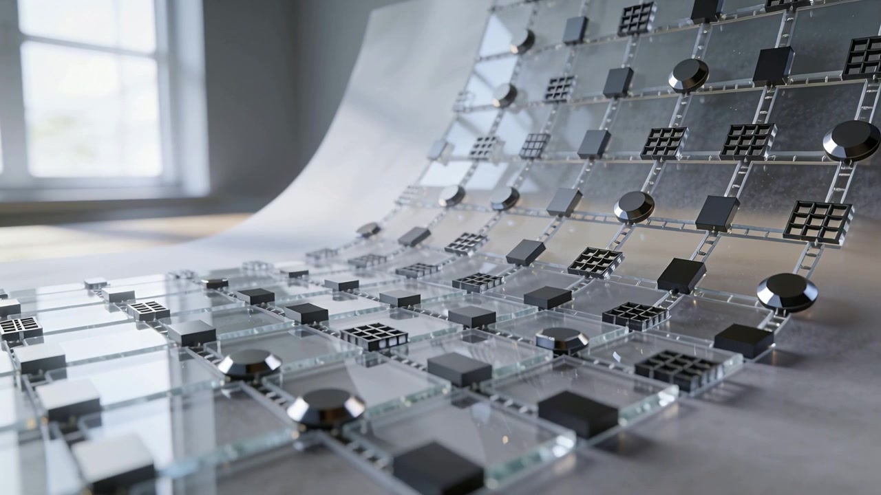 Panning camera revealing flexible tile array curving upward on wooden table, showing components