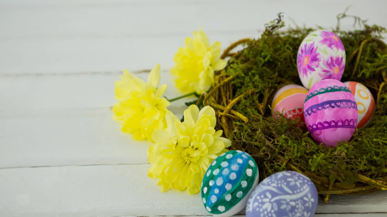 Animation of colourful easter eggs in nest