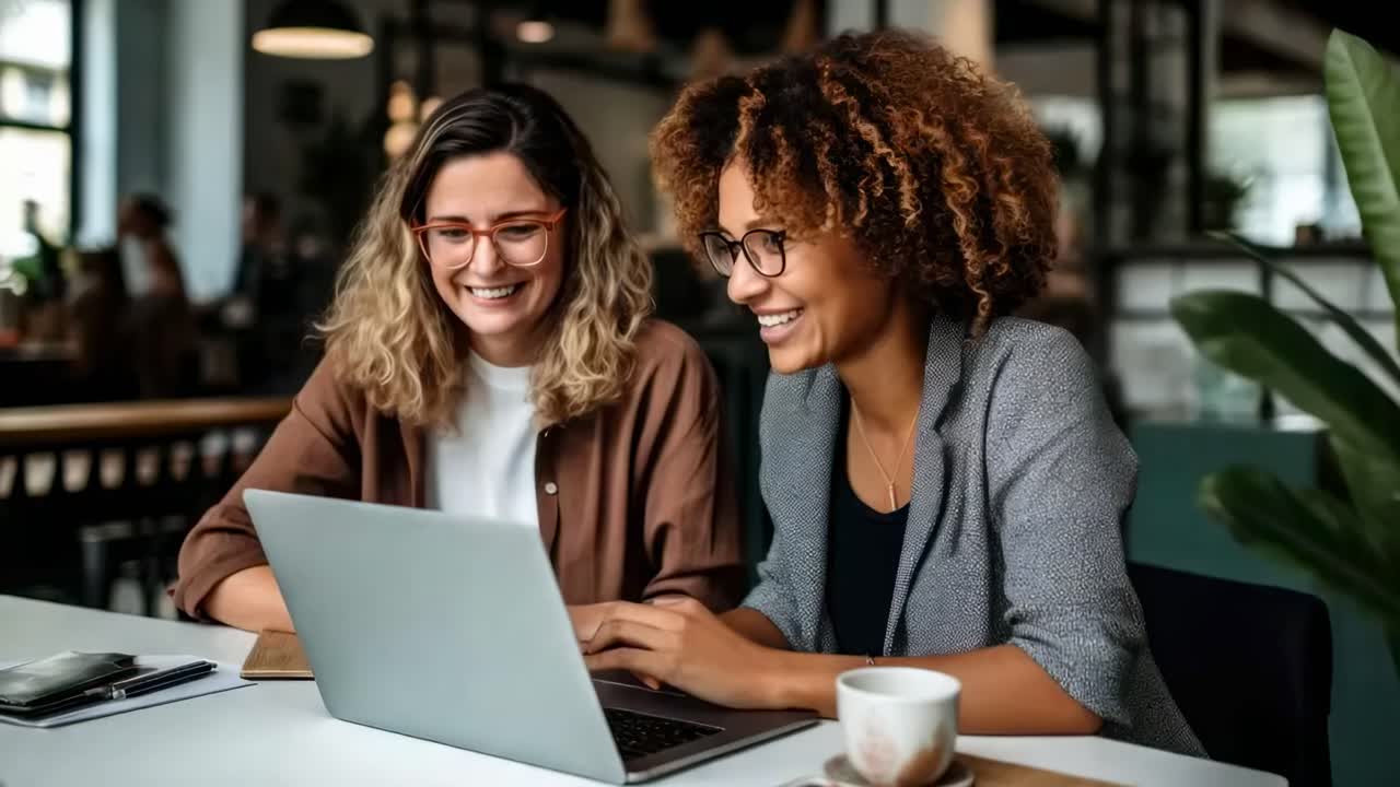 Two women smiling while watching a video on a laptop in a cozy cafe