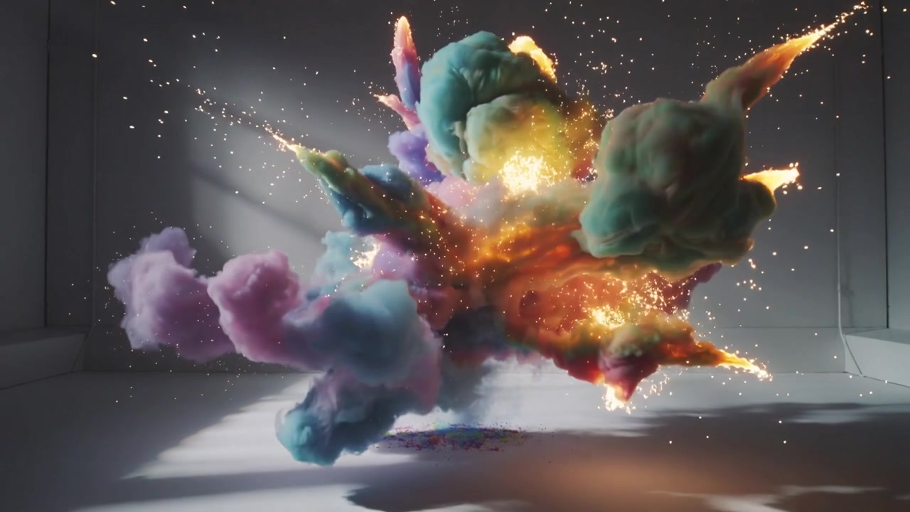 Pennacchio multicolore in ascesa che erutta da un mucchio di polvere colorata sul pavimento dello studio, emettendo scintille.