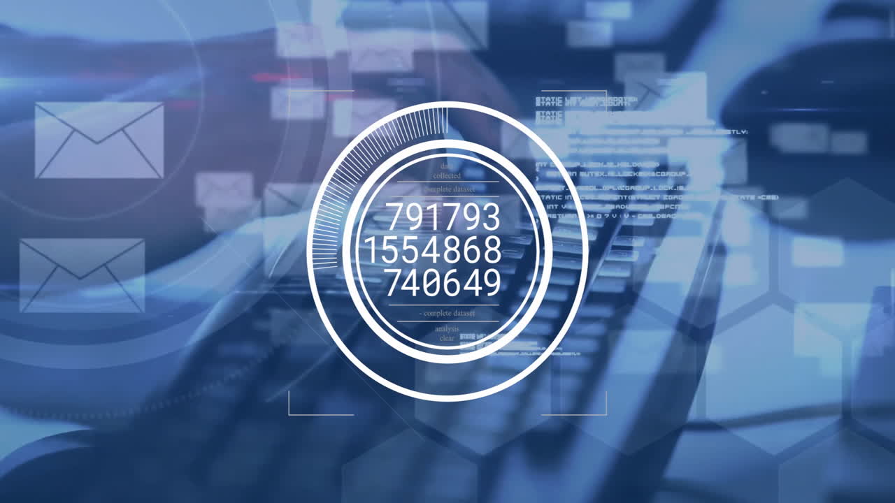 Animation of envelope icons over data processing and hands using computer