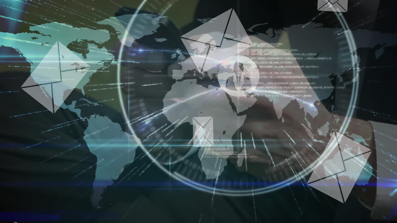 múltiples iconos de mensajes flotando sobre el mapa del mundo contra la sección media del hombre de negocios que usa un teléfono inteligente