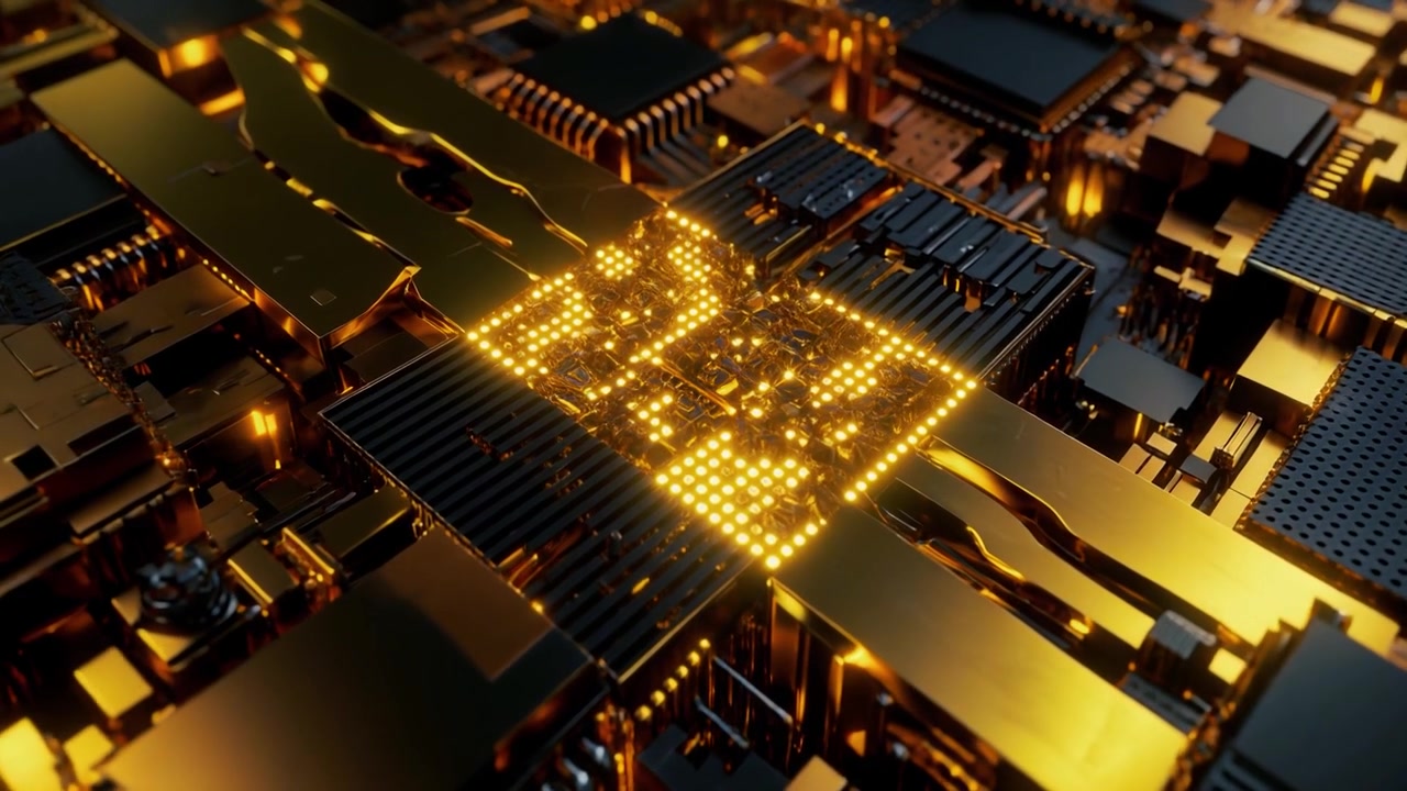 Glødende gylden mikrochip-processor på et printkort