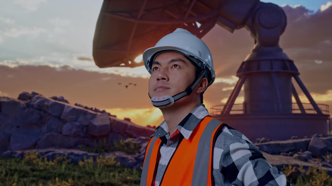Close Up Side View Of Asian Male Engineer Wearing Safety Helmet Looking Around While Standing With Arms Akimbo With Large Satellite Dish