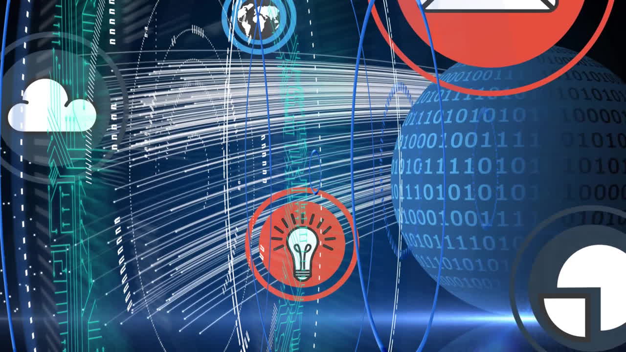 Animation of network of connections with media icons over globe and binary coding