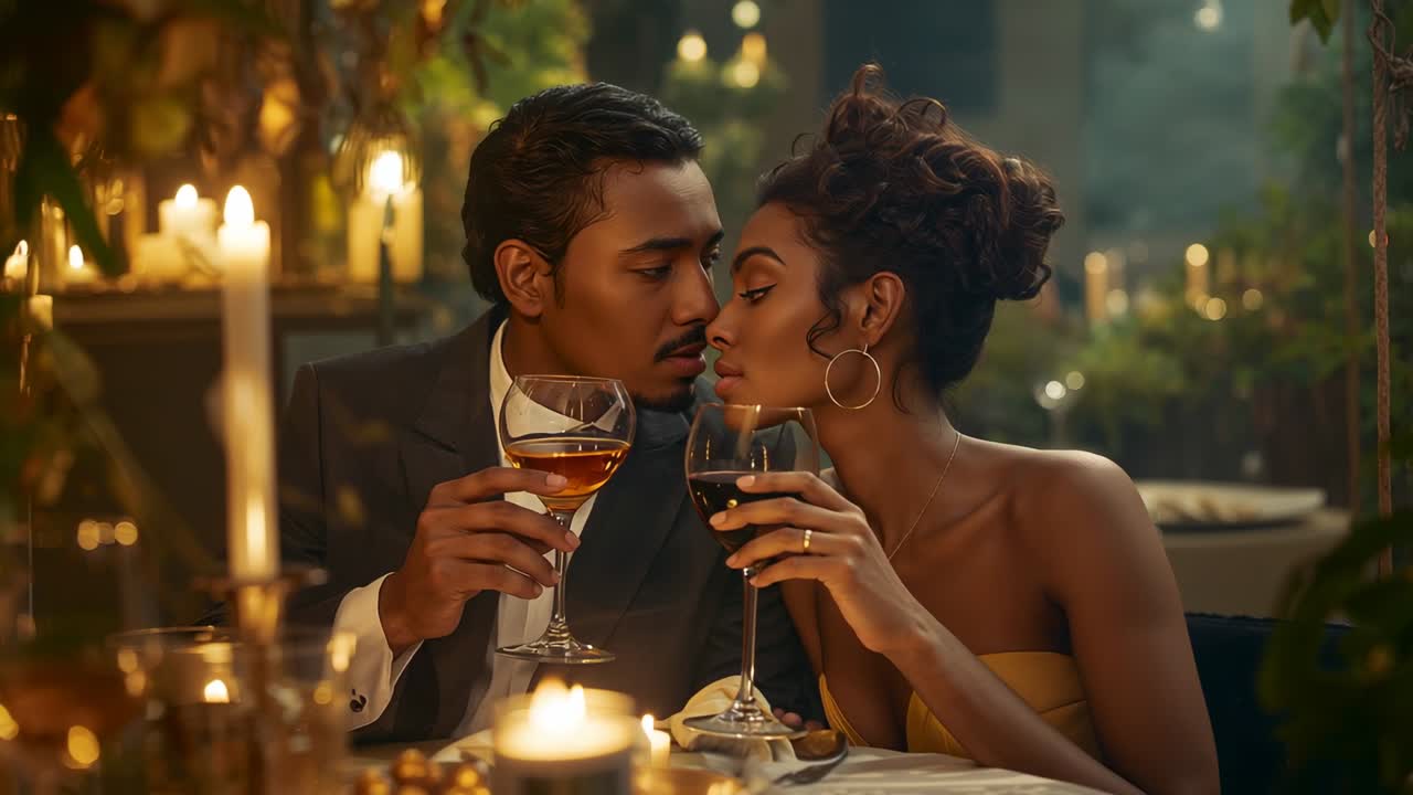 Lifting wine glasses formal couple toasting at candlelit restaurant then leaning faces closer