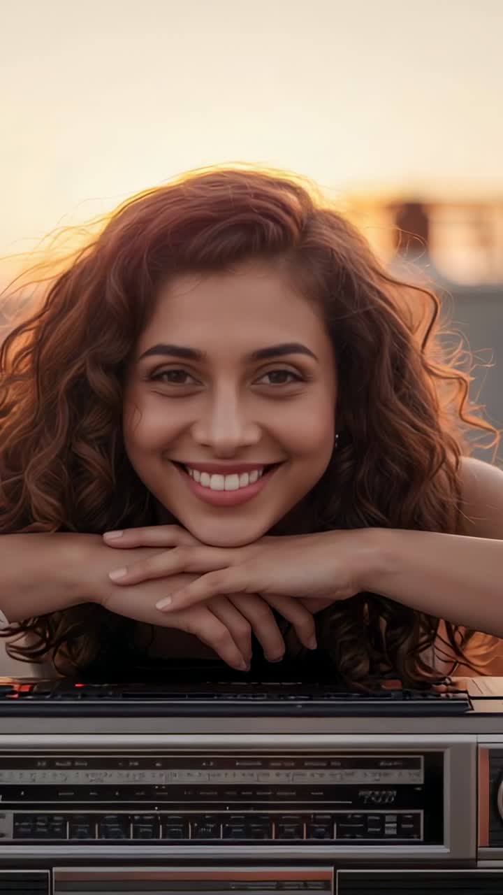 Vertical video: Woman leaning on boombox opening eyes smiling on rooftop, responding to warm light