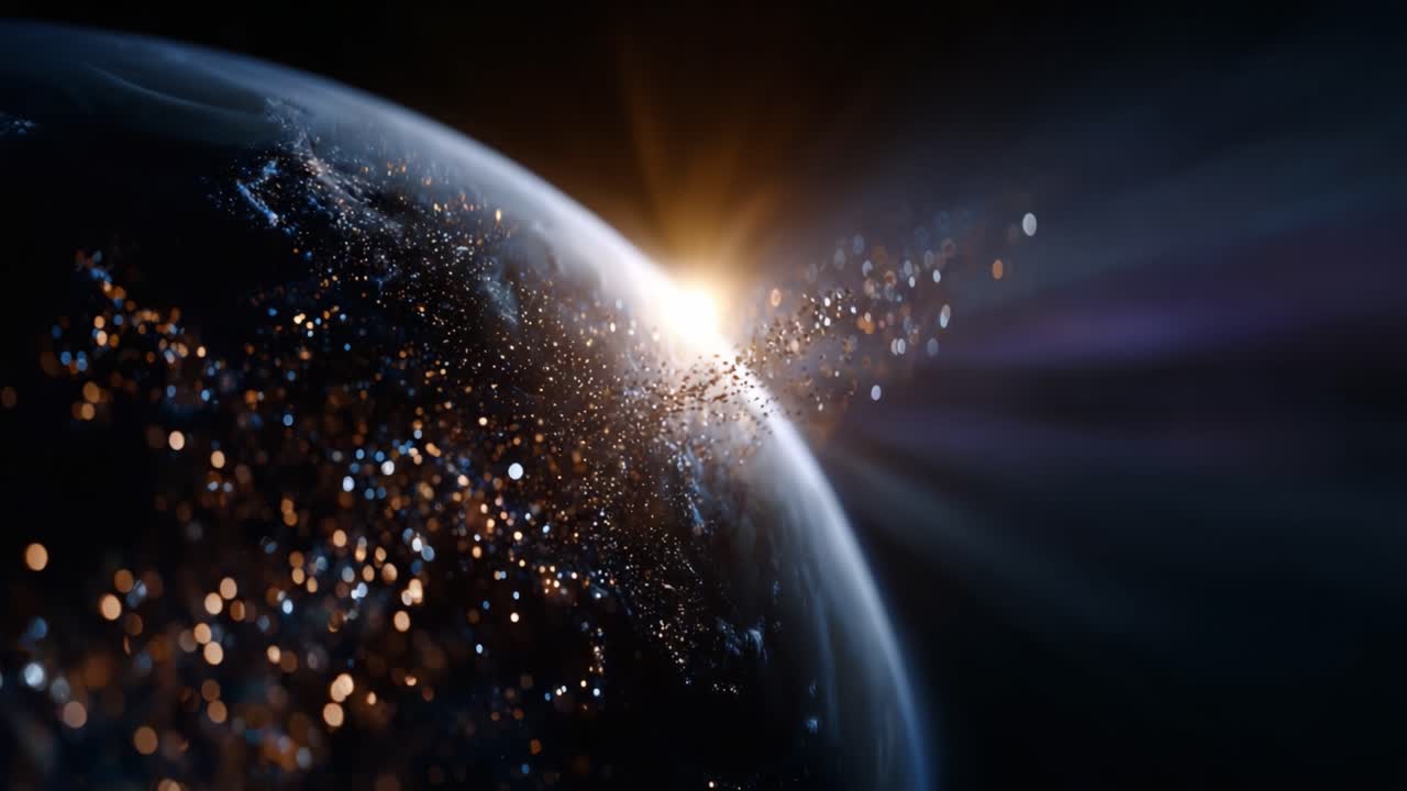 A Beautiful Display of Earth with Cosmic Elements and Sparkling Lights Against a Dramatic Backdrop of Space as Sunlight Breaks Through the Darkness