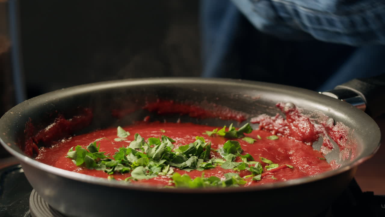 Cooking Tomato Sauce with Basil