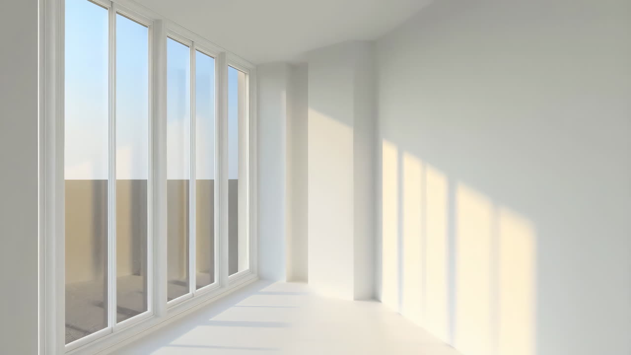 Empty Modern Room with Large Windows and Sunlight