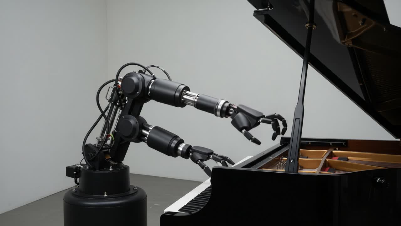 A Robotic Arm Performing on a Grand Piano: An Intriguing Fusion of Technology and Music in an Artistic Display of Automation and Creativity