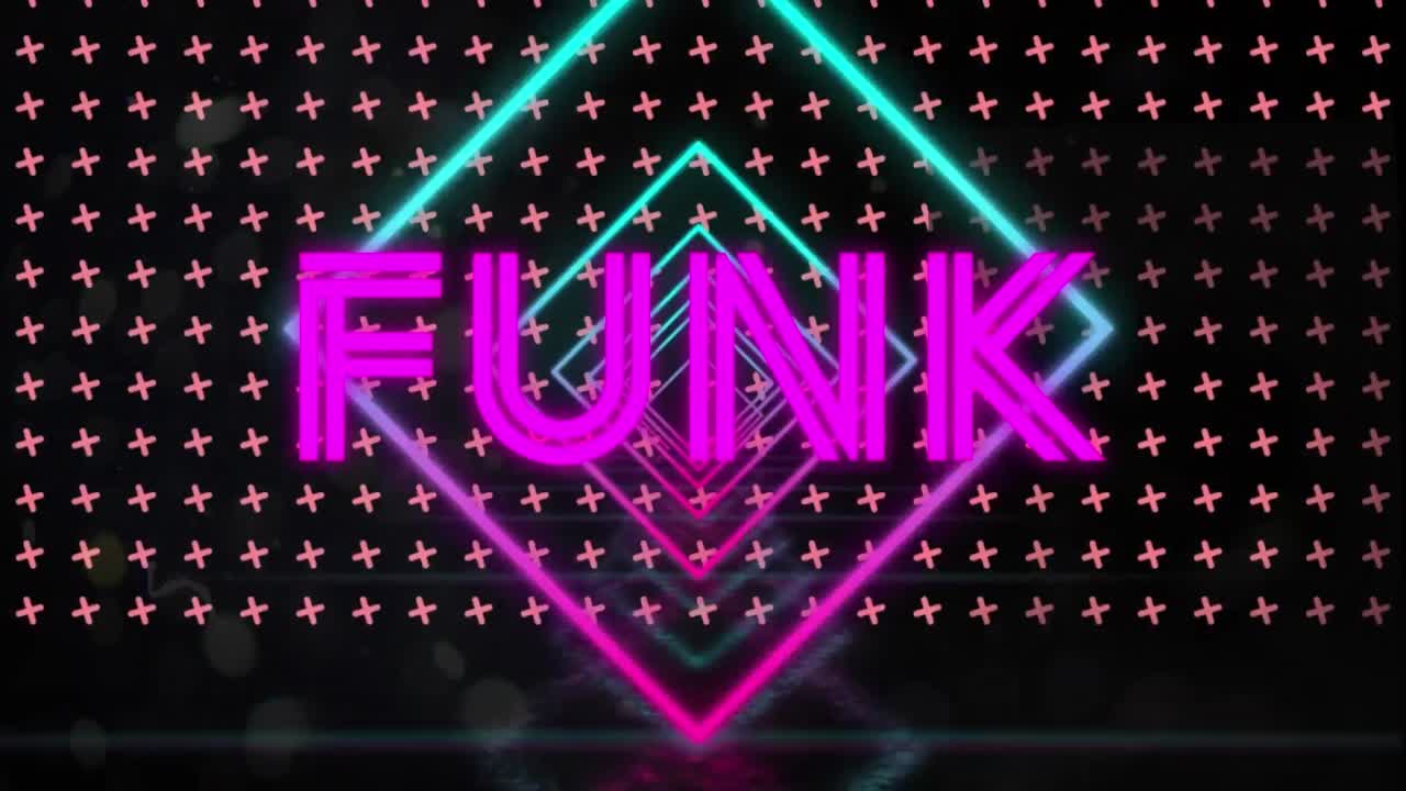 Animaatio: Funk-teksti ja muotoja mustalla taustalla