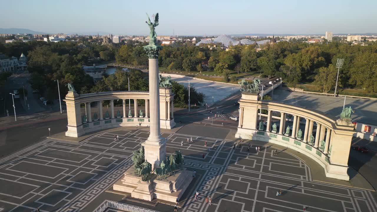 Amazing Aerial Establishing Shot Above Heroes' Square in City Park, Budapest, Hungary