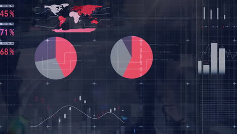 Animation-Von-Diagramm,-Datenverarbeitung,-Börse-Und-Weltkarte-über-Gehenden-Menschen